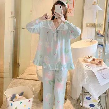 Pijama Seturi pentru Femei Stil coreean Sleepwear Student Print Dulce Minunat Doamnelor îmbrăcăminte de noapte pentru femei V-neck Lumina Moale Chic Toamna Hipster Nou