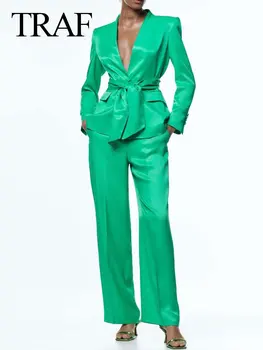 TRAF Slim cu Maneca Lunga Blazer Liber Largi Picior Pantaloni de Moda Elegant Premium Silk Satin Arc Decor Femei din Două Piese Costum